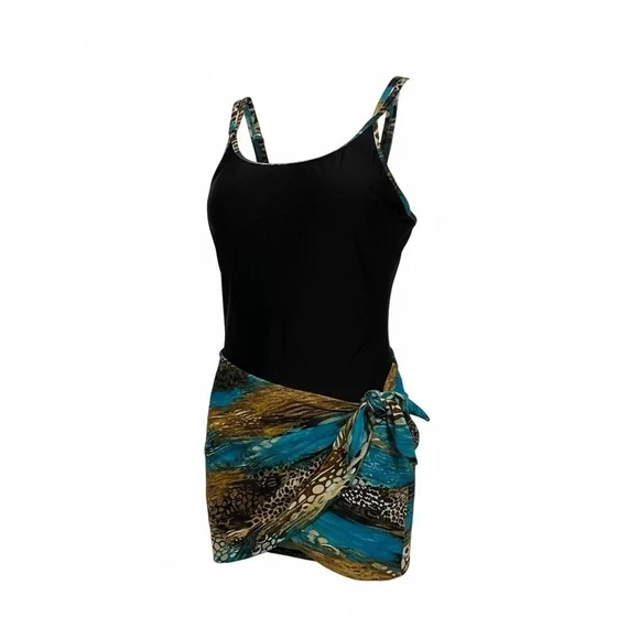 Christina Black and Blue  one piece bathing suit with built in wrap sz 10 - Picture 7 of 7